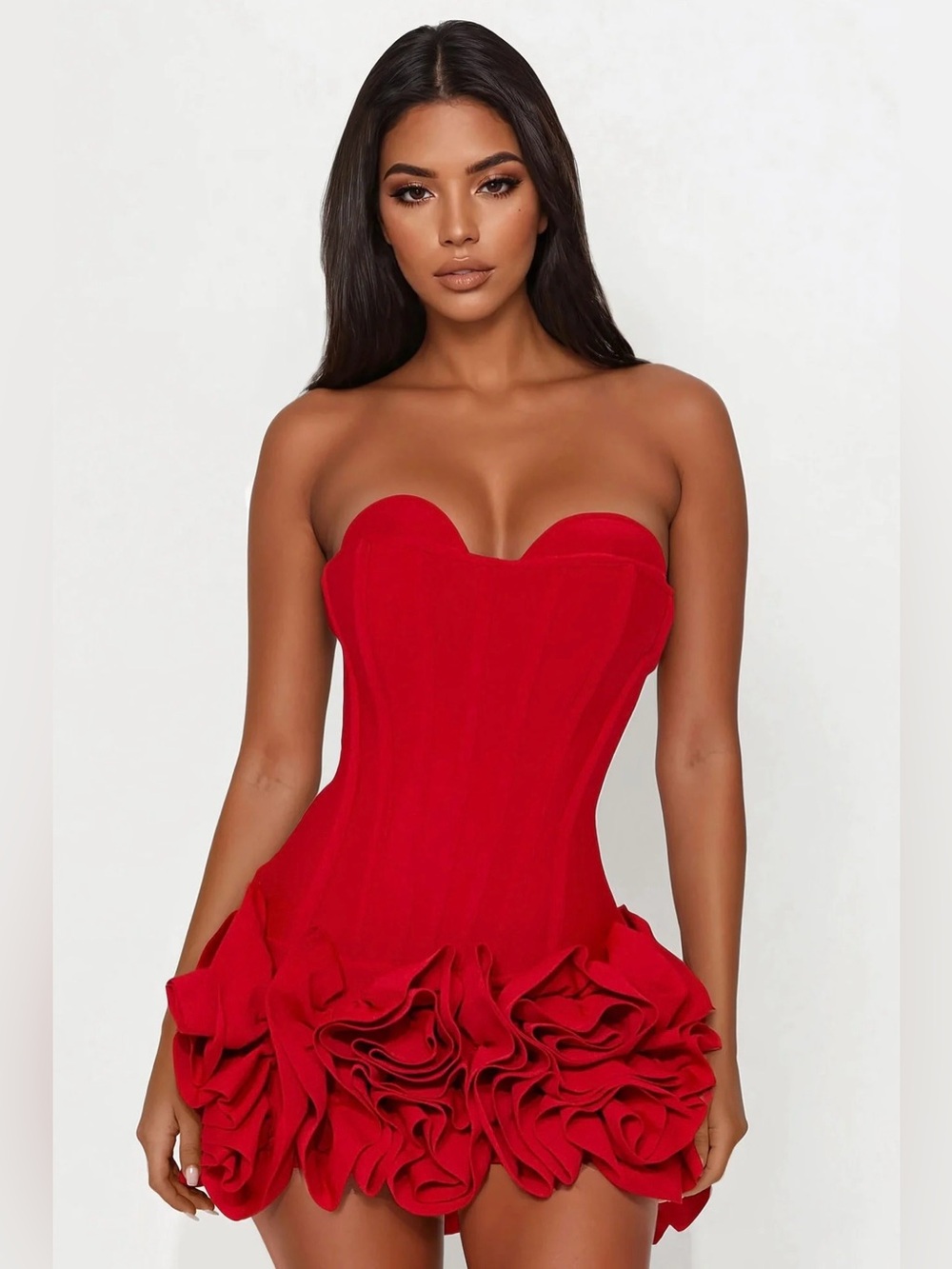 Fashion Nova Strapless Red Ruffled Mini Dress